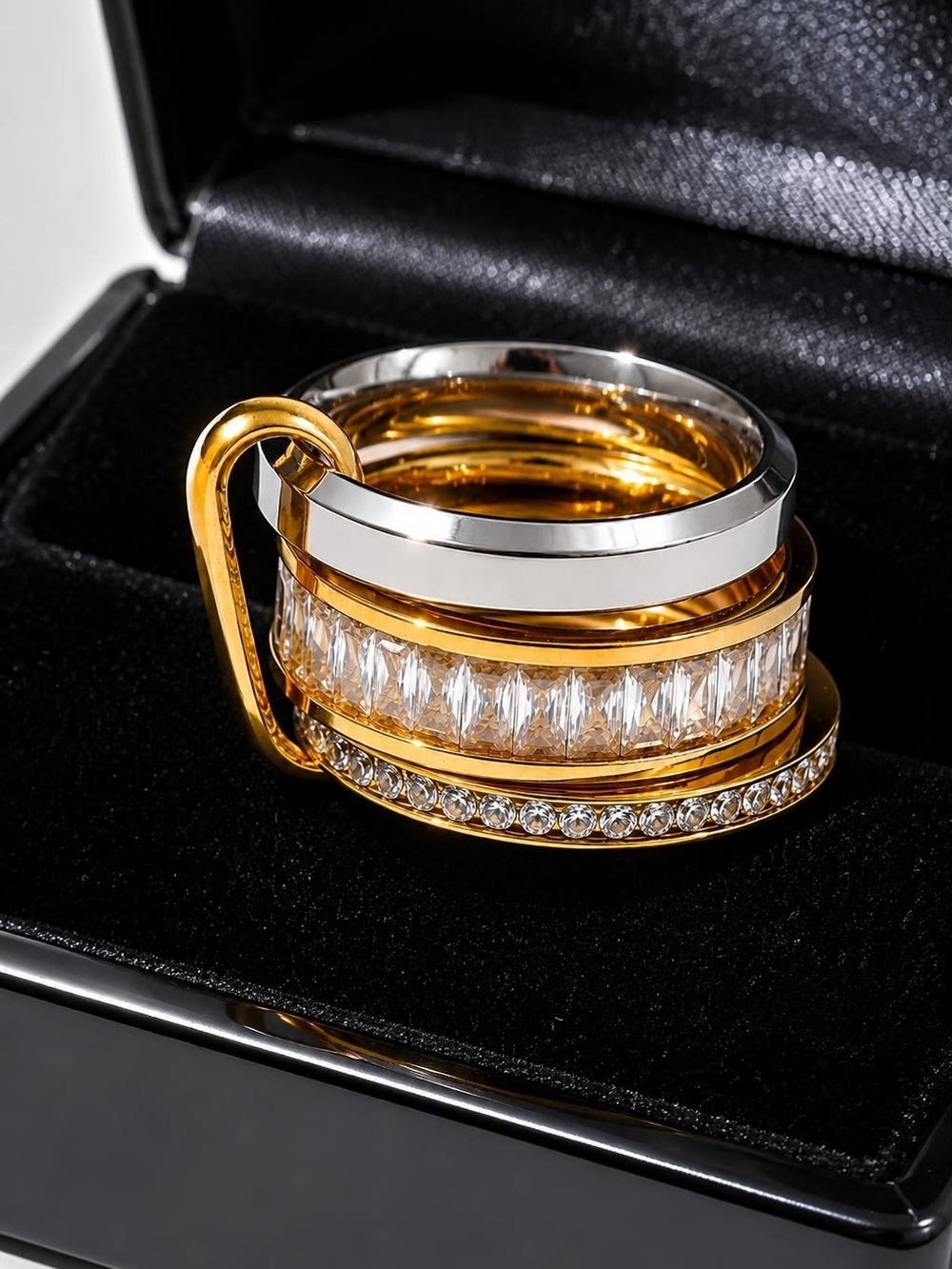 Gold and Silver Multi-Band Crystal Ring